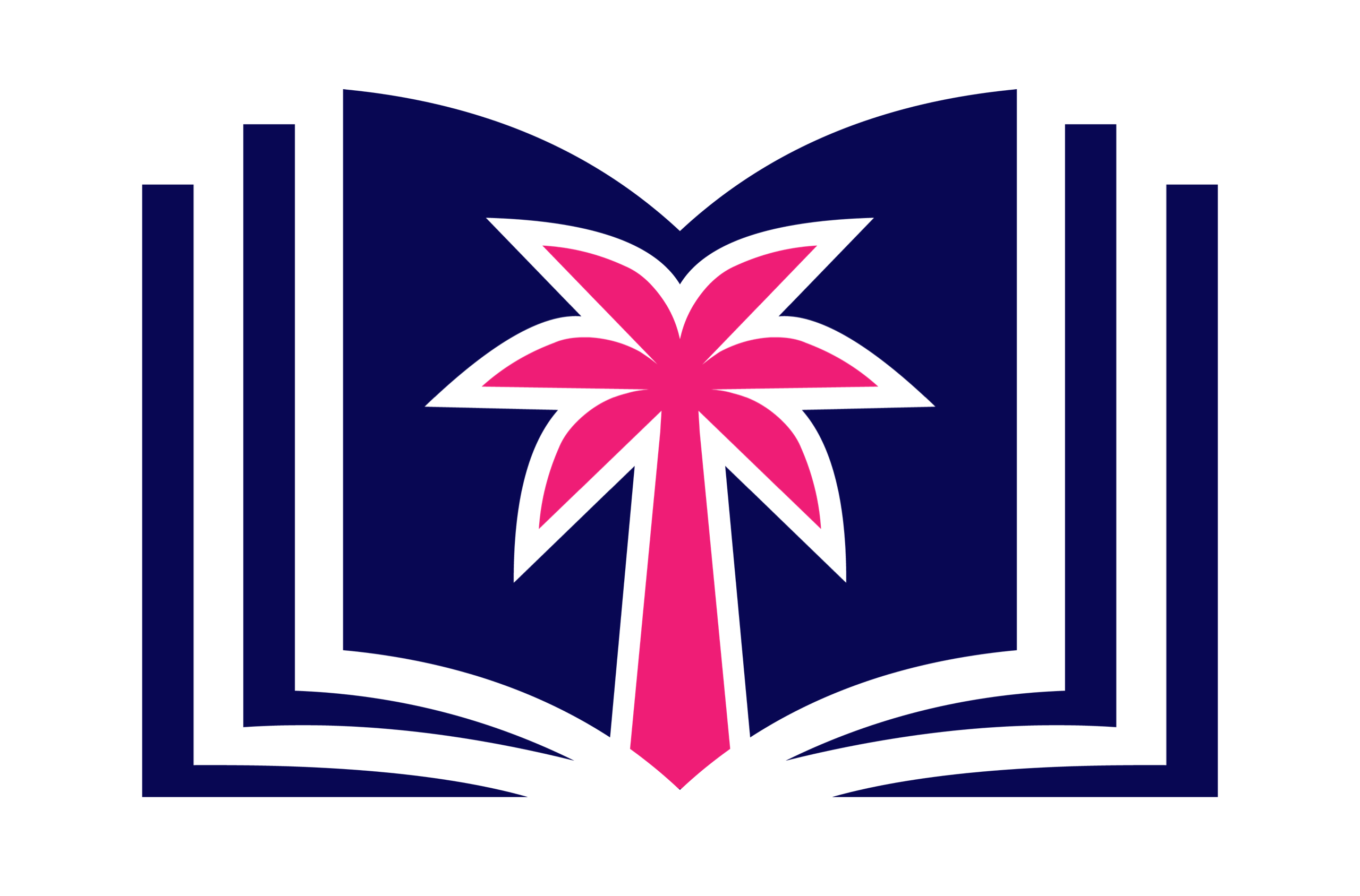 Nomad Publishing mark: an open navy book with a pink palm tree rising from its pages